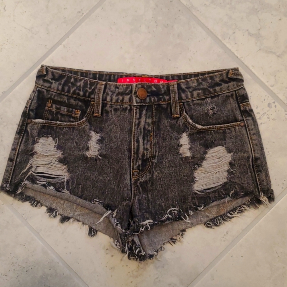 Distressed denim cheeky shorts size 0